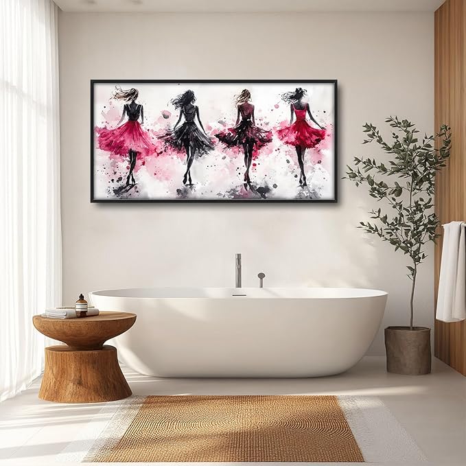 Fashion Woman Large Wall Art Watercolor Girl Pictures Wall Decor Pink Canvas Female Print Painting Modern Artwork Home Decoration for Living Room Bathroom Bedroom Office Framed 60"x30"
