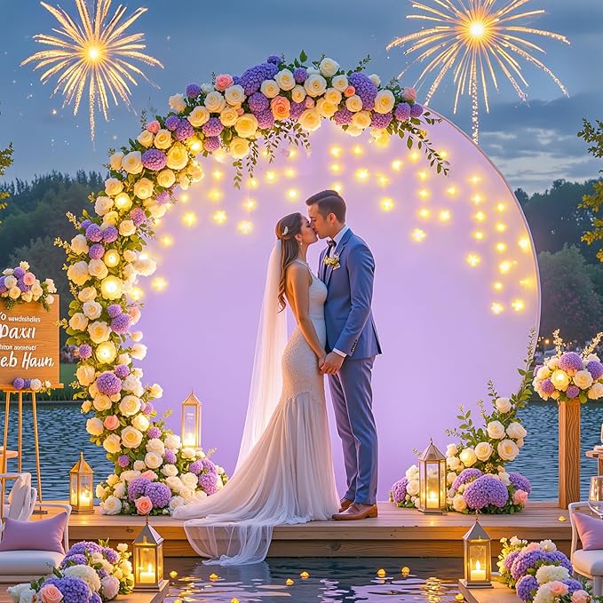 6.6 FT Purple Round Backdrop Cover with Lights String for Circle Arch Stand Circle Backdrop Covers with LED Fairy Lights for Wedding Arch Baby Shower Birthday Party Photo Photography Background
