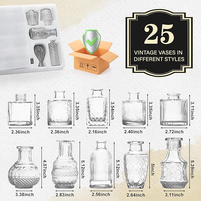 Glass Bud Vase Set of 25, Mini Clear Bud Vase for Centerpieces in Bulk, Small Vintage Flower Vases for Weddings Parties Home Table Decorative