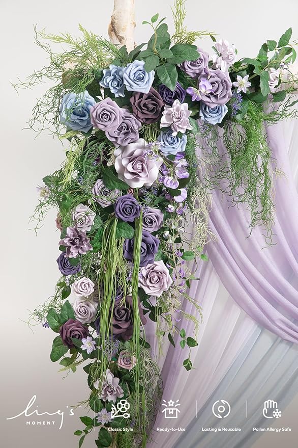 Ling's moment Deluxe Wedding Arch Flowers with Sheer Drapes Kit - Artificial Pruple and Sage Floral Arrangements for Ceremony Backdrop, Arbor Decor, 5-Piece Set (2 Flower Stems + 3 Hanging Drapes)