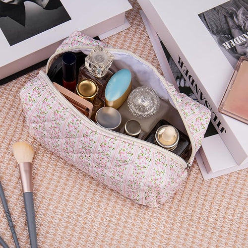 2 Pack Floral Makeup Bag, Cute Cosmetic Bag for Women Girls, Quilted Cotton Make up Pouch, Travel Makeup Bags, Portable Storage Toiletry Organizer Bag(Pink+Navy Blue)