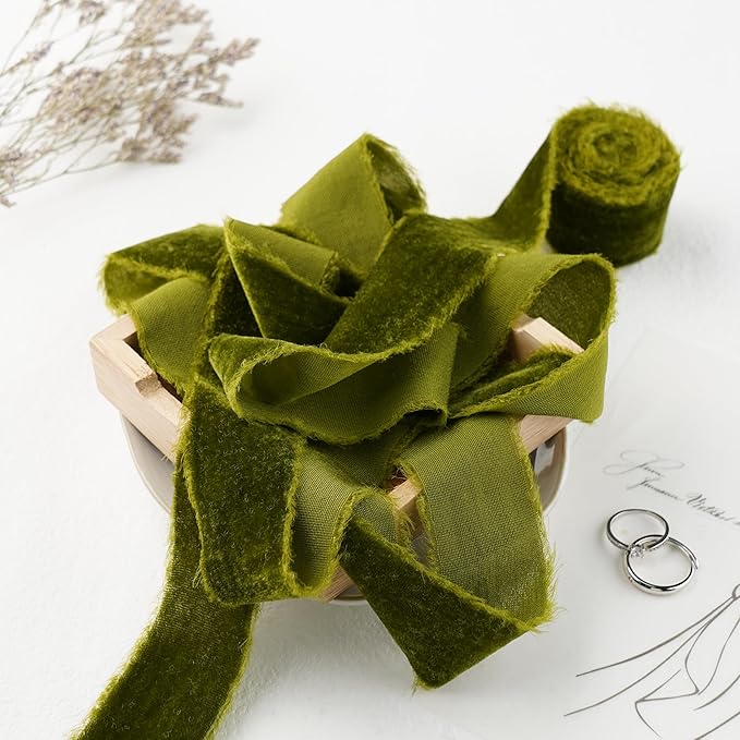Moss Green Silk Velvet Ribbon 1.5 Inch Rustic Style Raw Edge Olive Green Frayed Edge Fringe Gift Ribbon for Wedding Invitation Bridal Bouquet -3yards