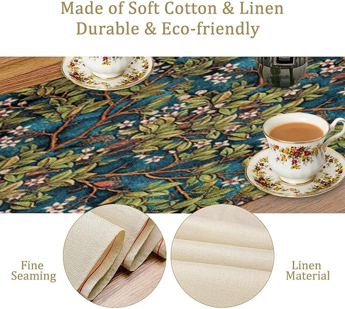 William Morris Floral Table Runner, Vintage Green Botanical Printed Table Runner for Home Kitchen Dining Table Decoration,13x120 Inch