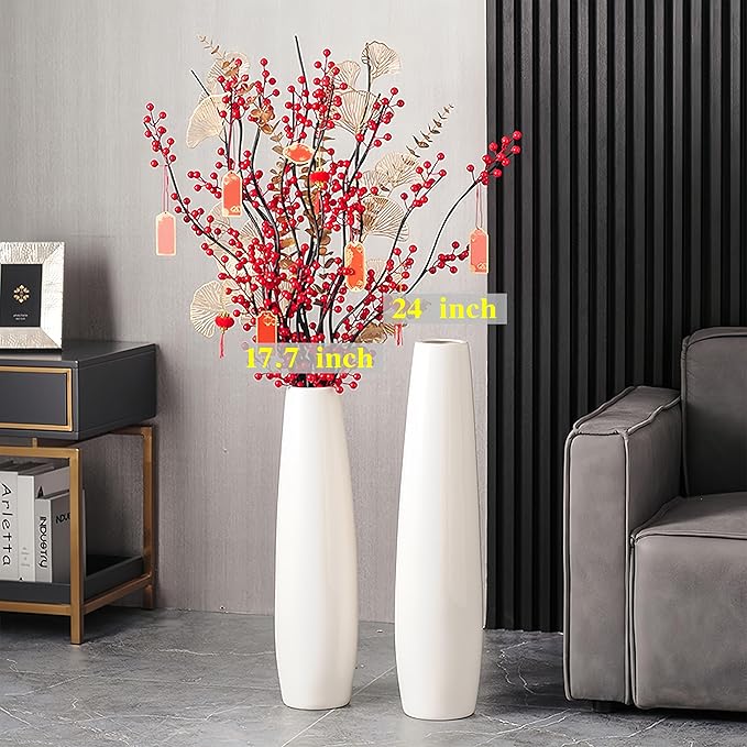 Ceramic White Floor Vase 17.7 Inches Tall Flower Holder Decorative Large Vases for Table Centerpieces Shelf Home Decor Living Room Branches Sky-Dried Flower Arrangement Simple Decorative