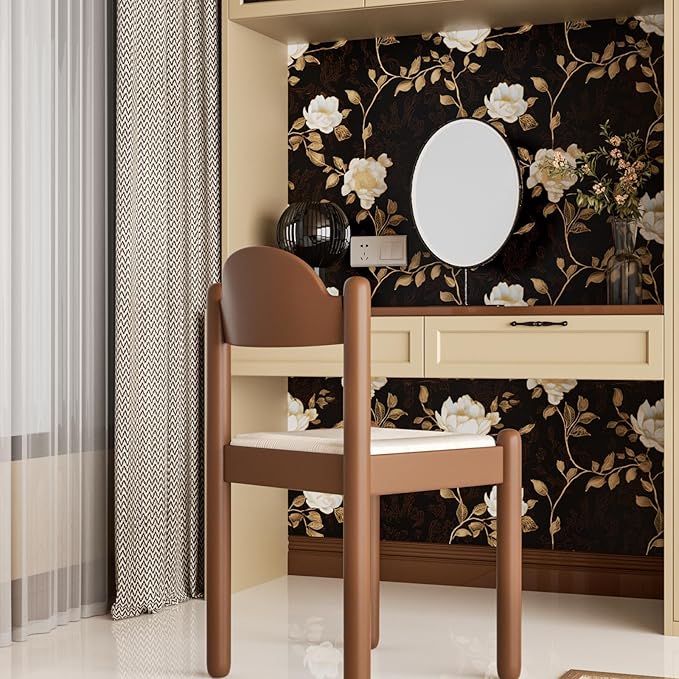 Black Golden Floral Peel and Stick Wallpaper Flowers Contact Paper 17.5" x 393" Self Adhesive Waterproof Vintage Dark Floral Wall Paper for Shelf Liner Cabinet Decor