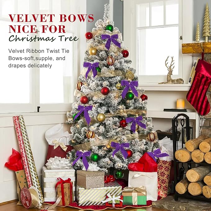 24 Pcs Purple Small Velvet Christmas Bows for Christmas Tree, Wreath, Gift Wrapping, Crafts, Wedding, Party, Twist Tie Bows for Treat Bag Bakery Candy Bags, Home Decor 1" W,3.5 x 3.5 inch