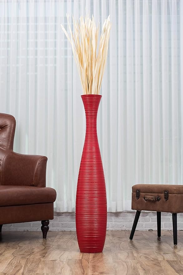 Leewadee Large Red Home Decor Floor Vase - Wooden 41 inch Tall Farmhouse Decor Flower Holder for Fake Plant and Pampas Grass