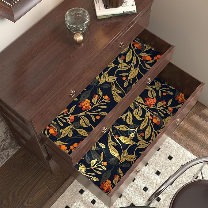 Dark Floral Wallpaper Peel Stick, Vintage Botanical Removable Contact Paper Stick on Cubicle Drawer Cabinet, Self-Adhesive Vinyl Leaf Fruit Wall Paper Black Yellow Gold Orange 17.5In x 9.8Ft