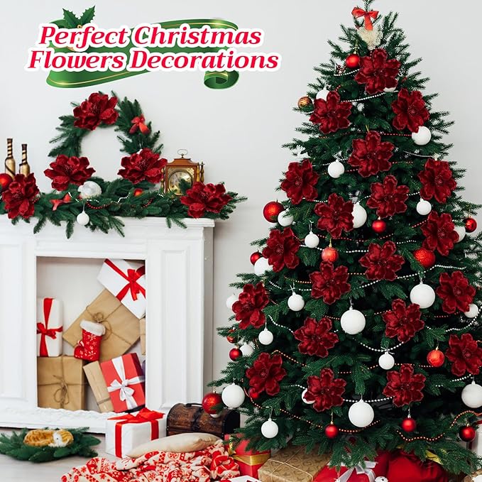 20 Pcs Christmas Glitter Poinsettia Magnolia Flowers Ornaments Large Heads Artificial Magnolia Flowers for Christmas Tree Xmas Wreath Holiday Wedding Decor (Fuchsia)