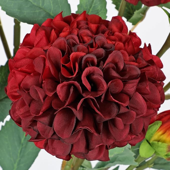 Hollyone 5PCS Dahlia Fall Flowers Artificial for Decoration 24.8" Red Fake Ball Dahlias Autumn Silk Flowers Arrangements Faux Roses Flower with Stems Bouquets Centerpieces Fall Decorations for Home