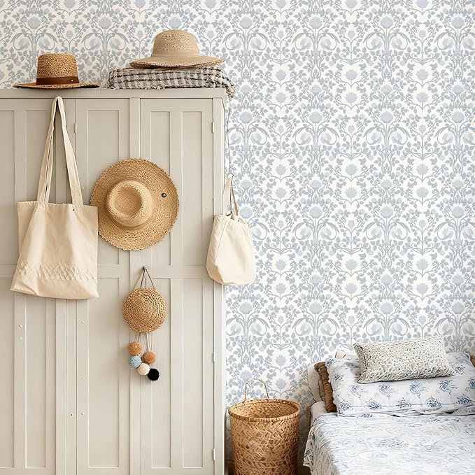 17.3"×78.7" Blue Floral Peel and Stick Wallpaper, Damask Vintage Wallpaper for Bedroom Bathroom Self Adhesive Removable
