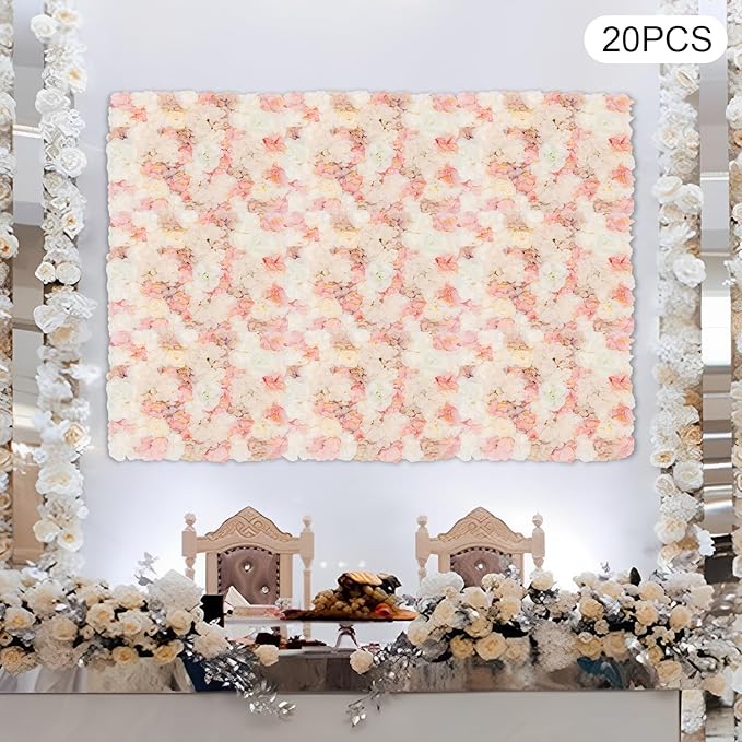 20 PCS Flower Wall Panels, 3D Rose Hydrangea Floral Wall Background Silk Flowers Panel Decoration, 23.6x15.7inch Artificial Flower Backdrop for Wedding, Party, Anniversary