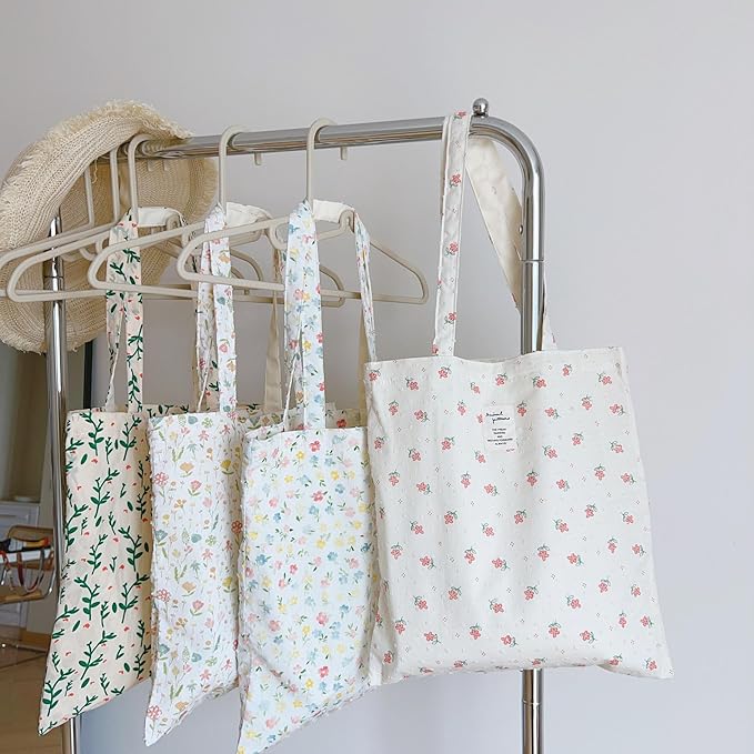 Cotton Canvas Tote Bag Reusable Soft Grocery Cloth Bag Floral Shoulder Bag for Beach Travel Shopping