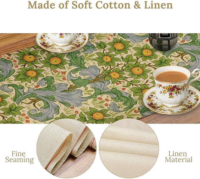 William Morris Original Design Green Table Runner Vintage Floral Table Runner for Dining Table Decor 13 x 120 Inch