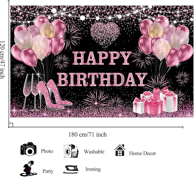 YinQin 180x120 cm Pink Golden Happy Birthday Backdrops Cloth 71x47 inch Bday Party Photography Backgrounds Glitter Black Rose Golden Happy Birthday Sign Banner Decoration for Women Girl