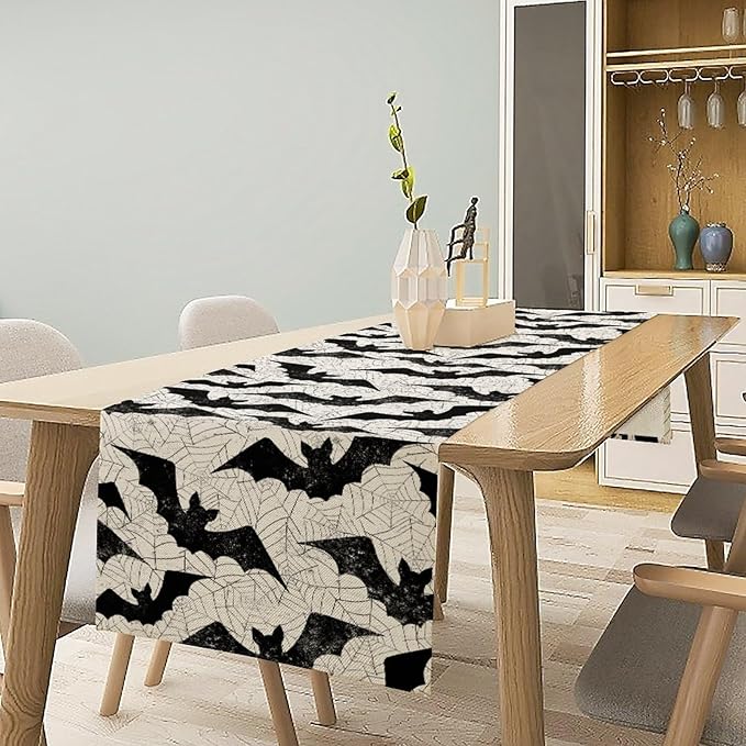 Gothic Table Runner,Bat Spider Web Pattern Table Runner for Home Kitchen Table Dining Garden Farmhouse Wedding Party Decor 13x90 Inch