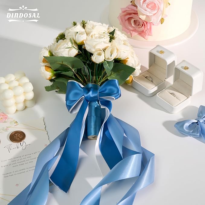 Dusty Blue Satin Ribbon - 1 1/2 Inch, 5 Rolls Assortment for Wedding, Flower Bouquet, Gift Wrapping, Hair Bow Crafts - 25 Yards