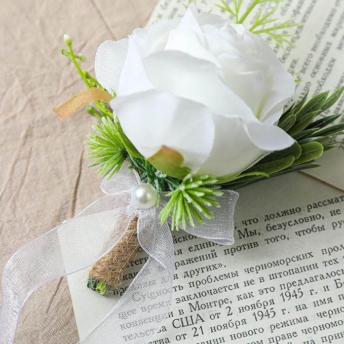 4pcs Wedding White Rose Wrist Flowers Artificial Rose Flowers for Ceremony Prom Party Accessories (4 Wrist Corsage White)