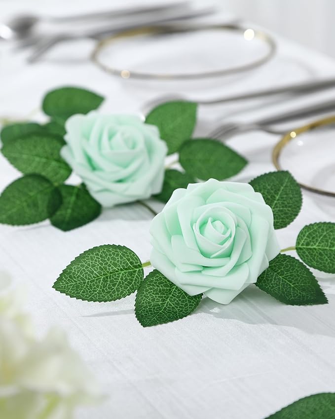 DuHouse 50Pcs Artificial Roses Flowers Fake Roses with Stems Real Touch Foam Flowers for DIY Wedding Bouquet Baby Shower Centerpiece Floral Arrangement Party Home Decor(Mint Green)