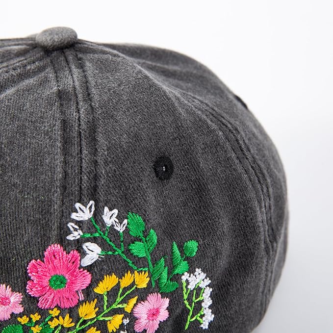 Cute Embroidered Flower Hat, Adjustable Black Cotton Baseball Cap for Women Men, Gifts for Flower Lovers