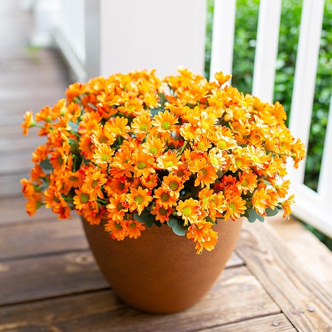 Daisy Artificial Flowers for Outdoors Winter Decoration, 6 Bundles Fake Mums Orange Silk Flowers for Outside Look Real UV Resistant Fake Plants Faux Flowers for Planter Front Door Home Indoor Urn
