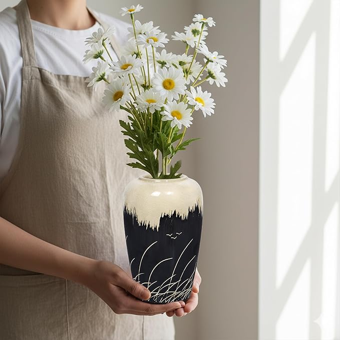 Black and White Vase, 8 Inch Modern Ceramic Vase for Pampas Grass, Farmhouse Decorative Vases for Home Decor, Centerpiece for Kitchen Table, Living Room Shelf Decor