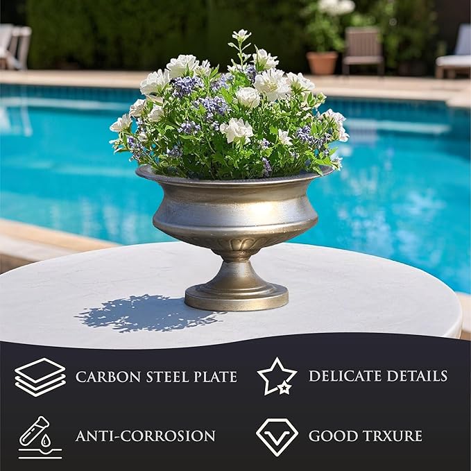 Worth 8" H. Silver Color Urn Vase for Centerpieces, 11.8" Dia. Metal Trumpet Small Flower Pots for Table, Bowl Vase for Wedding Party Event Home Decor