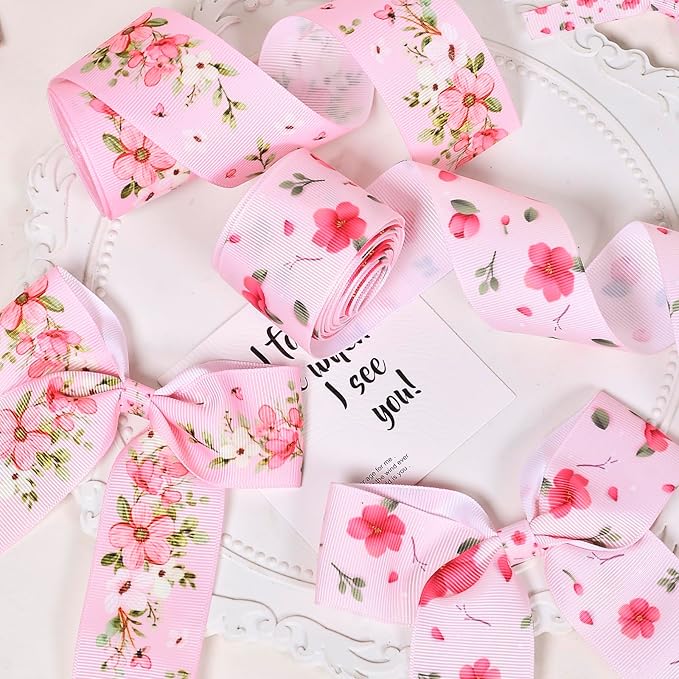 Floral Grosgrain Ribbon, 5 Rolls Flower Pattern Ribbon Spring Summer Fabric Decorative Craft Ribbon Roll for Gift Wrapping Decor Hair Bow Sewing Wreath Crafts (Pink Floral, 1-1/2Inch X 20Yards)