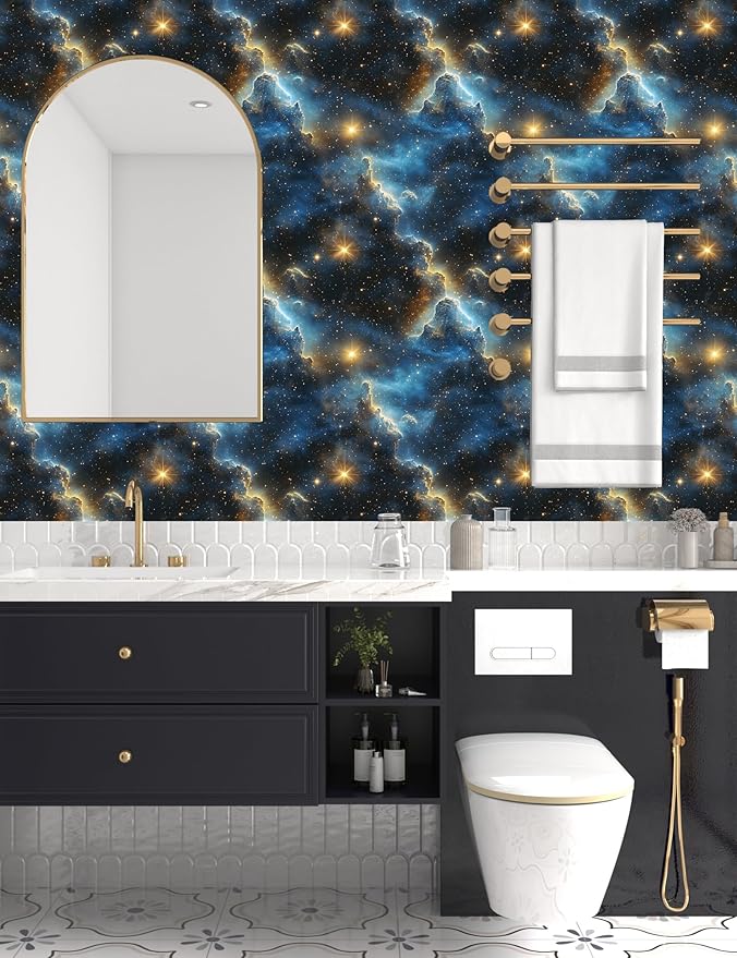 Starry Night Sky Wallpaper Peel and Stick 17.4" x 118" Dark Blue Galaxy Contact Paper Modern Space Wallpaper for Bedroom Cabinet Bathroom Home Decor