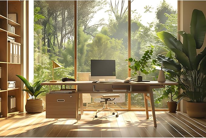 Office Background for Video Conference Modern Cozy Home Office Space Work Place Backdrop Sunlight Indoor Plants Tranquil Work Environment for Live Video Zoom Calls Studio Props Decor 7x5ft
