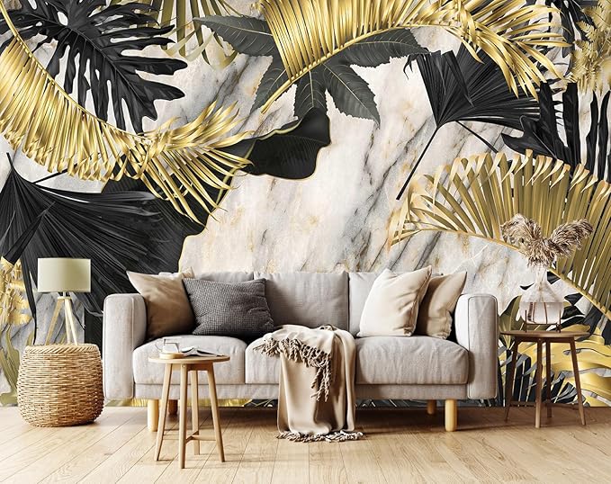 Seamless Summer Pattern with Golden White and Black Tropical Plants.Modern Abstract Design for Paper Wallpaper Cover Fabric （Non-self-Adhesive）