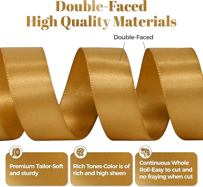 Old Gold Satin Ribbon, Double Faced 7/8 Inch X 25 Yards Old Gold Ribbon, Premium Satin Ribbon for Gift Wrapping, Crafts, Hair Bow Making, Sewing, Flower Bouquet, Wedding Party Decor