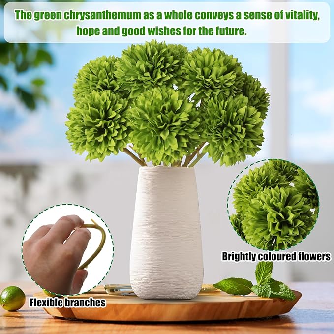 Tinsow 12 pcs Artificial Flowers Green Faux Ball Chrysanthemum Bouquet Flowers Wedding Bouquet for Spring Home Garden Party Wedding Decoration St Patricks Day Table Centerpiece