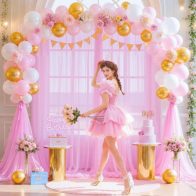 Pink Tulle Backdrop Curtain for Parties Girls Baby Shower 10ft X 8ft Light Pink Sheer Backdrop Curtains for Birthday Party Wedding Photo Booth Decorations 2 Panels 5ft X 8ft