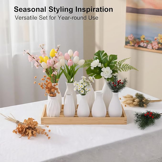 Set of 9 Ceramic Bud Vases for Pampas Grass Flowers, Small Vases in Bulk for Centerpieces Boho Vases for Wedding Decorations Neutral Living Room and Bedroom Decor DIY Gift (White-2)