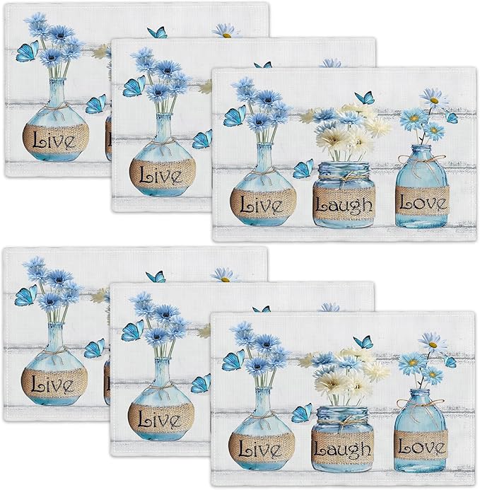 Daisy Flower Placemats Set of 6 Farmhouse Blue White Daisy Floral Table Mats Washable Place mats for Home Party Indoor Kitchen Dining Table Decoration 12x18 Inch