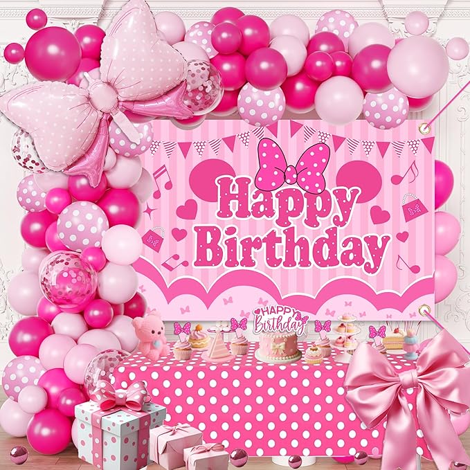 Pink Birthday Party Decorations For Girls,Happy Birthday Banner,Pink Balloon Arch Kit,Foil Balloons,Cake toppers