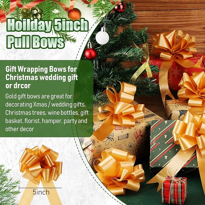 Yilloog 100 Pcs 5 Inch Christmas Pull Bows for Gift Wrapping, Gift Wrapping Pull Bows with Ribbon for Christmas Presents Wedding Decor Basket Bag Holiday Decor(Gold)
