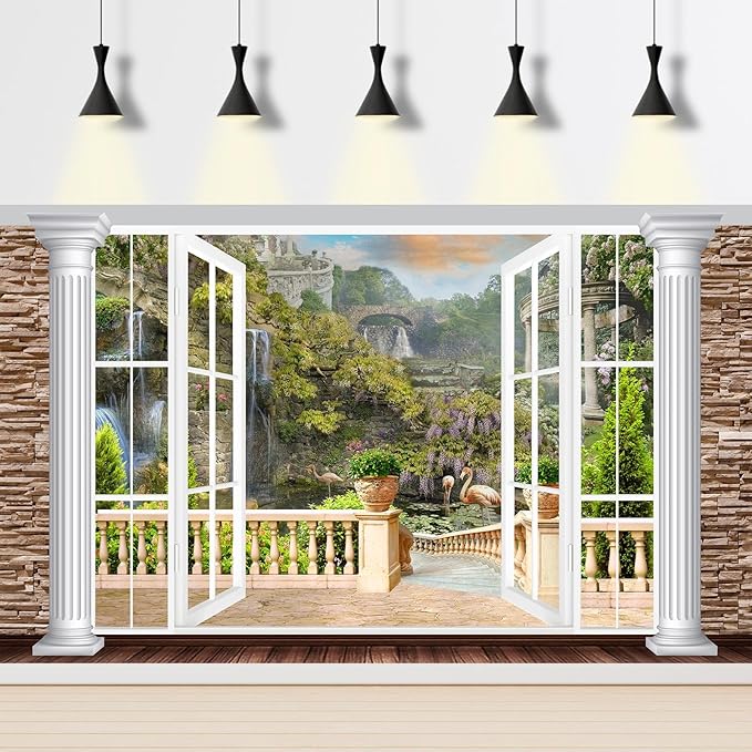 Window Scenery Backdrop White Windowsill Floral Garden Green Forest Natural Rock Stone Photography Background Garden Style Family Union Party Banner Wall Decor Photo Shoot Booth Props 7x5ft