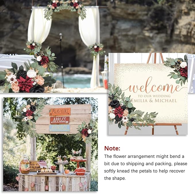 Red Black Wedding Arch Flowers, Faux Flower Swag Set of 2, Red Floral Swag for Wedding Arch Welcome Signs, Reception Ceremony Signs Decor