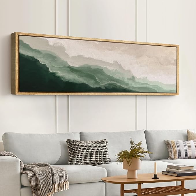 SIGNFORD Large Framed Canvas Print Wall Art Abstract Green Wave Nature-Inspired Illustrations Modern Art Relax/Calm Warm for Living Room, Bedroom, Office - 60"x20"