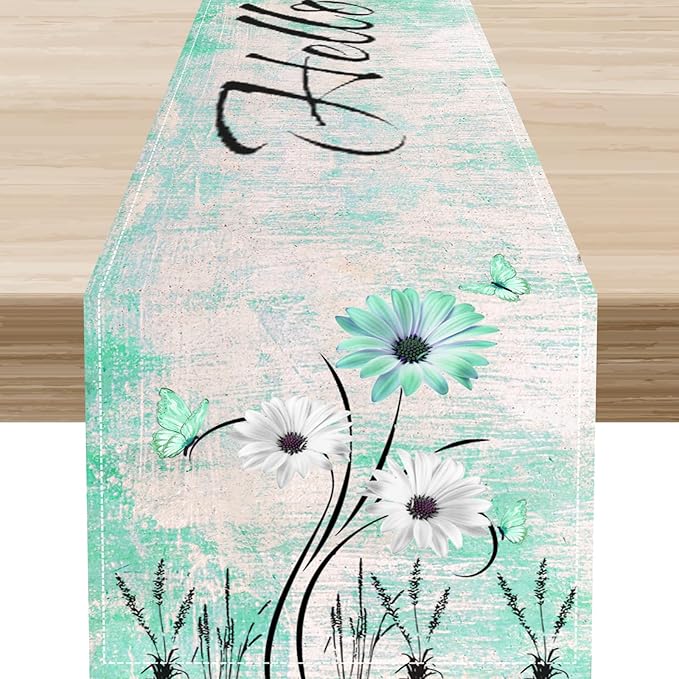 Daisy Floral Table Runner, Rustic Sunflower Wild Flowers Wooden Spring Teal Decor for Family Kitchen Farmhouse Holiday Party Table Decorations Indoor Outdoor 13x36 inch