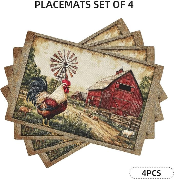 Retro Chicken Placemats Set of 4 Washable Table Farmhouse Rooster Heat-Resistant Cotton Linen Place Mats for Dining Table Kitchen Indoor Outdoor Party Holiday Decor