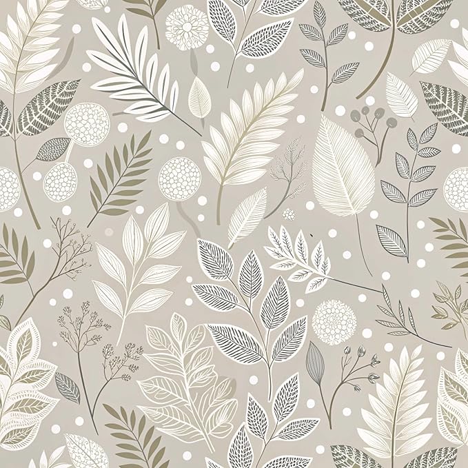 Gray Leaf Peel and Stick Wallpaper Grey White Floral Contact Paper Easy Peel Off Self-Adhesive Removable Stick on Wall Paper for Kitchen Cabinet Drawer 17.71" X 118.1"