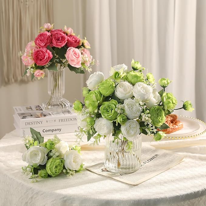 Floweroyal 2 Bunches Peony Artificial Flowers Green Flowers Silk Peonies Bouquets for Wedding Party Table Centerpieces Floral Arrangement Home Kitchen Decor