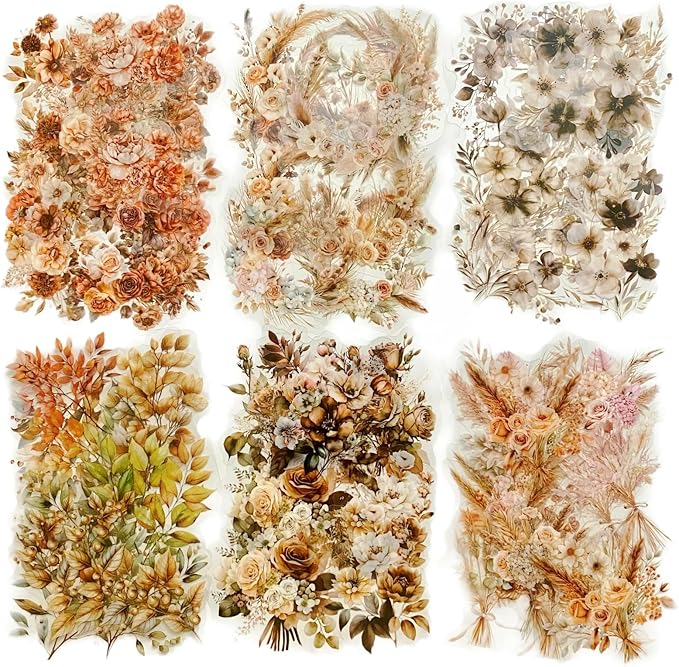 TIAMECH Amber Flower Shadow PET Stickers - 120 Pcs Branch Garland Flicker Design, Waterproof Sticker for Journaling & Scrapbooking, Junk Journal Supplies, Ephemera & DIY Crafts