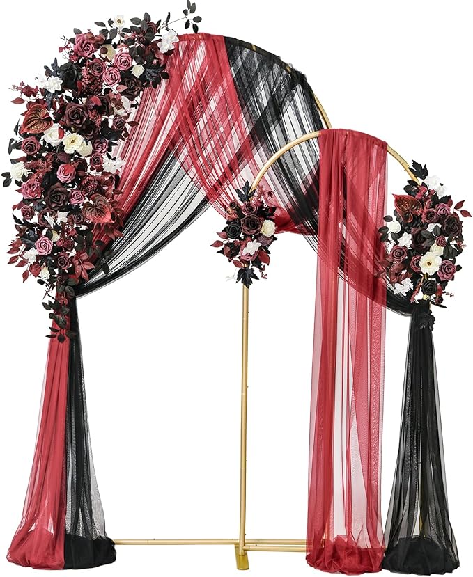 Ling's moment Wedding Arch Backdrop Stand with Flowers - 7.2FT, 6FT Set of 2 Metal Arch Frame with Drapes for Ceremony Decoration - Artificial Floral for Birthday Party, Baby Shower, Black Burgundy