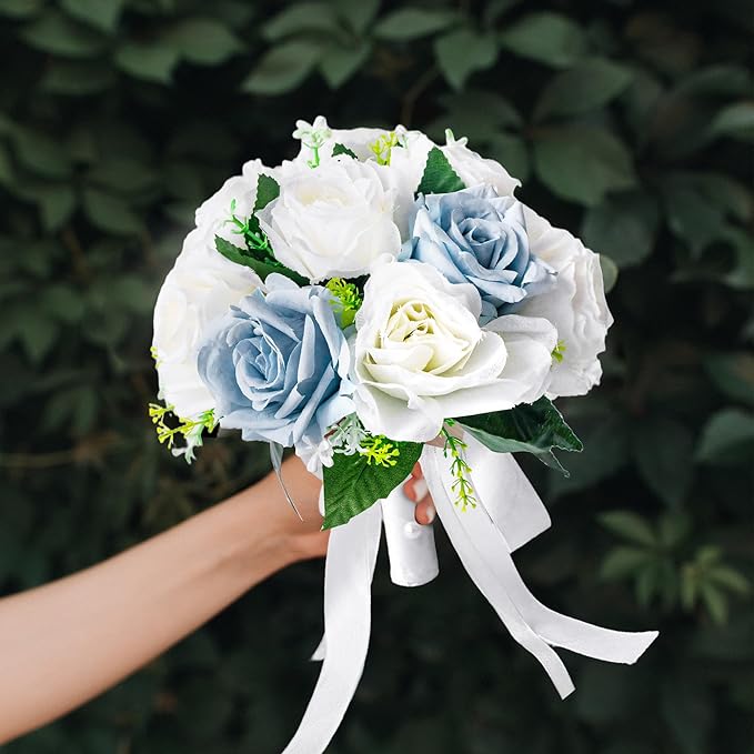 Wedding Bouquets for Bride - Realistic Silk Flowers Artificial Roses, 8 Inch Bridesmaid Bouquet for Ceremony, Church, Anniversary, and Home Decoration (White & Blue)