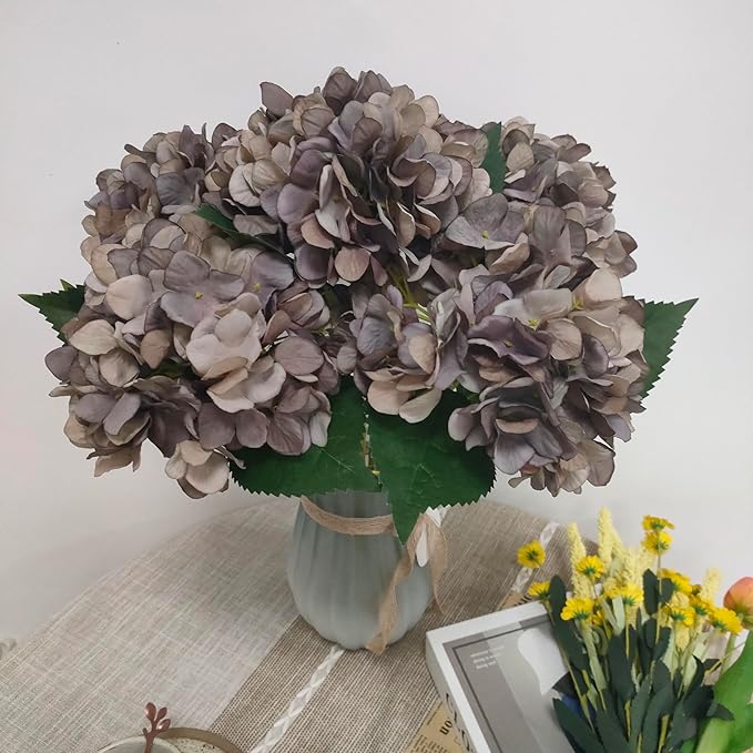 Coffee Hydrangea Artificial Flowers,10 Pcs Faux Coffee Hydrangea Flowers,Artificial Hydrangeas Flowers with Stems,Fake Hydrangeas,Silk Hydrangeas Flowers with Stems for Home Decor