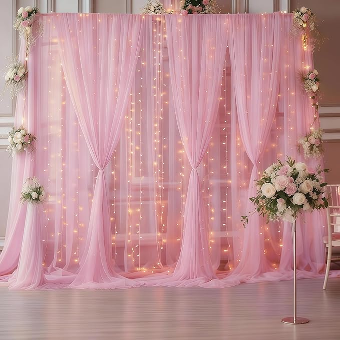 30×10ft Pink Tulle Backdrop Curtain with Lights String for Parties, Sheer Photo Backdrop Curtains for Wedding Party Photography Background